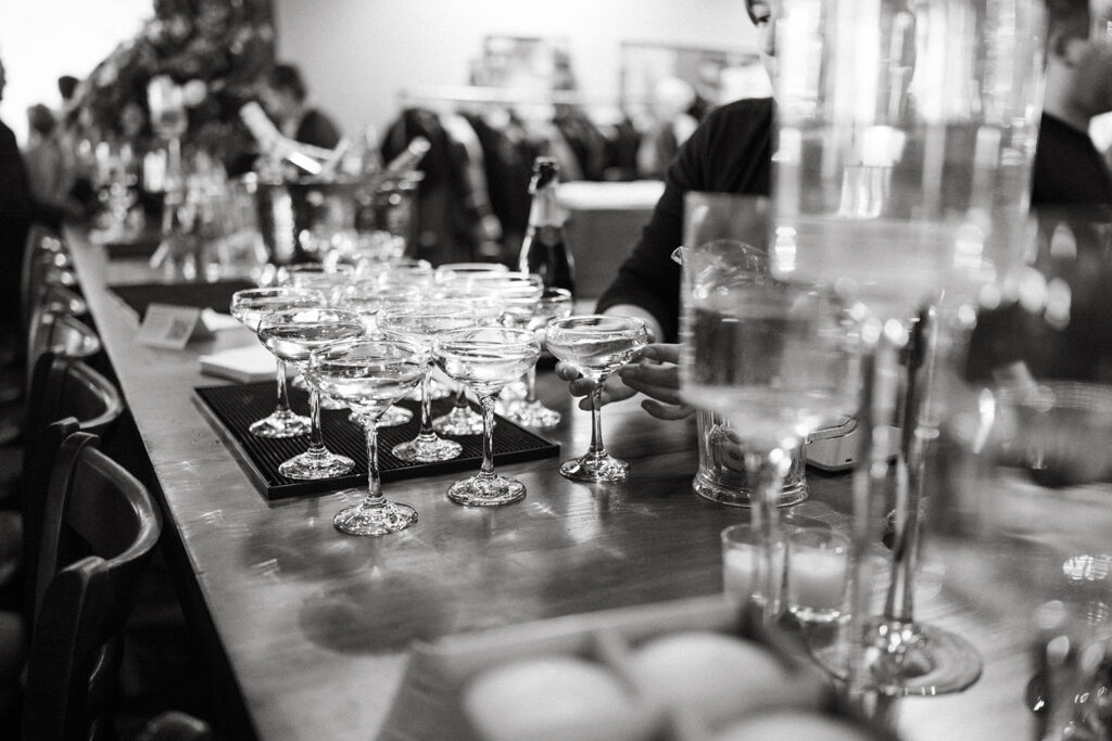 Details shot of the bar setup with glassware