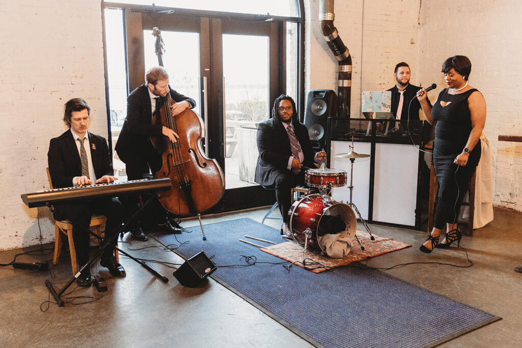The live band present at the wedding during cocktail hour